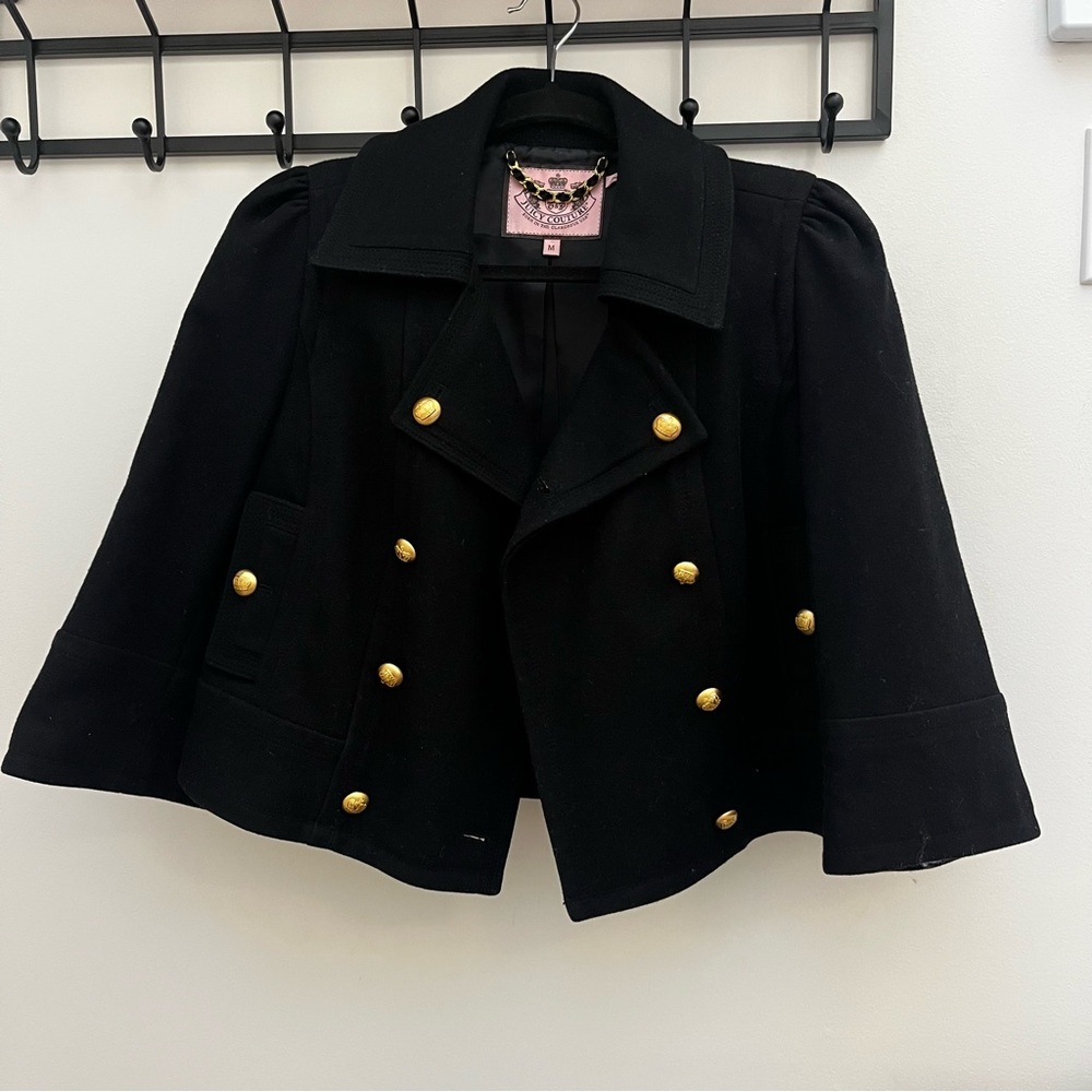 Vintage Juicy Couture Black Cropped Double Breasted Wool Pea Coat | Gold Accents